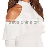 Women Frill Cold Shoulder Long Sleeve Mini Short Bodycon Club Dress White thumbnail-6