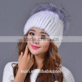 100% Real Knitted Mink Fur Hat With Large Silver Fox Fur Pom Poms Beanies Elegant Women Natural Fur Cap thumbnail-3