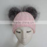 Myfur Baby Pink Wool Ribbed Knit Hat With Removable Silver Fox Fur Pom Poms thumbnail-2