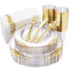 Gold Plate Wed Party Plastic Dinner Dish Plates for Wedding Charger Plates With Gold Patterned Trim thumbnail-1