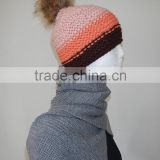 acrylic thick yarn hand made beanie hat with faux fur pompom
