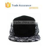 Custom 5panel Hat , Black Leather 5 Panel Hat ,Black Floral 5 Panel Camp Cap Hat