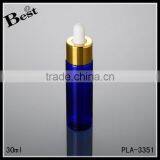 Wholesale Promotion Cosmetic Blue Pet Golden Aluminum Perfume Essential Oil Beard Oil 30ml Plastic Dropper Bottle thumbnail-1