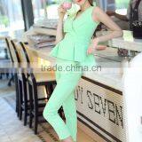 New Summer V Neck Green Color Ruffled Top With Slim Fitted Top and Pants Suit Fashion Matching Set thumbnail-1