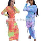 Autumn Women Tie Dye Print Long Sleeve Zipper Up Stacked Bodycon Midi Maxi Dress Streetwear Sexy Club Party Long Dresses thumbnail-1