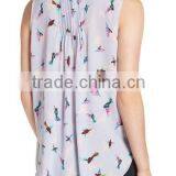 Women Print Pleat Back Split Neck Sexy Sleeveless Blouse Patterns thumbnail-5