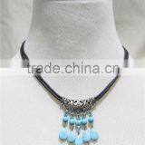 Turquoise Stone&Crystal w/ Black String Pendant Necklace Flower Metal Cut-out Simple Necklace 2016 Fashion Style Wholesale