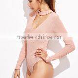 Pink Cut Out Mock Neck Zipper Back Ribbed Bodysuit Cotton Blends Long Sleeve Sexy V Neck Sweater thumbnail-3