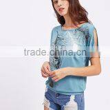MGOO Design Custom Made Feather Print Split Shoulder Tee Short Sleeve Stretchy Soft Modal Tshirt Women Jersey Shirt thumbnail-2