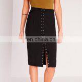 Lace up black office skirt with long zip