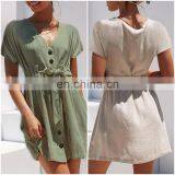 LAITE D2146 Women V-neck Short Sleeve Casual Dress Women Casual Dress With Belt Button thumbnail-2