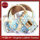 hot sale blue shinny leather western rhinestone stud belt