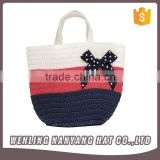 Women Simple Style Striated Girl Woven Straw Bag With Big Bow Vocation Handbag