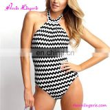 Wholesale Women Stripe Black Halter Neck One Piece Swimsuit Swimwear