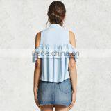 HAODUOYI Fashion Short Sleeve Women Blouse Loose Falbala Single Breasted Colder Shoulder Lapel Ladies Shirts for Wholesale thumbnail-3