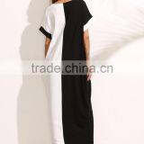 Colorblock Pocket Short Sleeve Maxi Dress 100% Cotton Two Color Contrast Sewing Casual Tee Dress thumbnail-5
