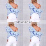 2017 New Arrival Fashion Design Women Stripe off the Shoulder High Low Long Sleeve Blouse thumbnail-4