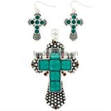 Dot Textured Silvertone/Crystal Accents/Square Faceted Beads/Cross Necklace Earrings Set