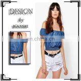 Wholesale Women Clothing Button Front Off The Shoulder Denim Gypsy Top