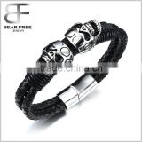 Fashion Multistrand Braided Genuine Leather Skull Magnetic Buckle Bracelet Wristband for Men Black