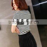 Black and White Striped Short Sleeven Turtleneck Sweater for Women thumbnail-2