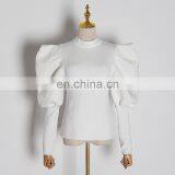 TWOTWINSTYLE O Neck Puff Sleeve Zipper Ruched White Women's Sweatshirts thumbnail-2