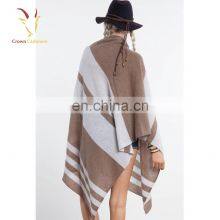 Cashmere Wool Knitted Poncho Shawls With Buttons Stripe Color Block Shawl thumbnail-3