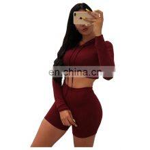 Manufacturer Wholesale Women's Casual Sexy Hooded Shorts Sports Fitness 2-piece Suit Custom Hoodie Crop Top thumbnail-5