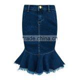 Lastest Design Girls Fashion Women Dark Blue Raw Edges Denim Elastic Jeans Skirts thumbnail-1