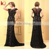 Modest See Through Front Backless Cap Sleeve Tailing Beaded Patterns of Lace Evening Dress for Seniors