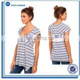 Relaxed fit t shirt women short sleeve v neck yarn dye stripe lightweight tee