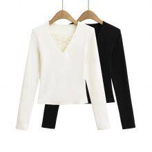 Hot Girl Pure Lust V-neck Tie Long-sleeved T-shirt Women's Spring and Autumn Slim Body Slimming Undershirt Inner and Outer Wear Short Top thumbnail-4