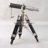 PEWTER FINISH 10" BRASS TELESCOPE WITH WOODEN STAND - COLLECTIBLE LEATHER SHEATHED TELESCOPE