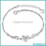925 Sterling Silver Chain Bracelet, Wholesale Fashion Angel Wings Heart-shaped White Zircon Bracelet Women