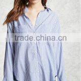Woman Long Sleeve Striped Button Down Basic Collar Curved Hem Cotton Blouse thumbnail-3