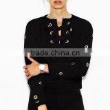 M1159 Runwaylover 2016 Latest Design Fashion Ladies Black Hole Cotton Cross Bandage Sweater thumbnail-3