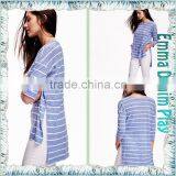 2016 Latest Custom Designer Blue Stripe Long Open Hem Womens Three Quarters Sleeve Round Neck T Shirts thumbnail-4
