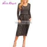 Big Discount 3 4 Sleeve Stripe Women Latest Casual Designs Midi Ladies Casual Dress thumbnail-1