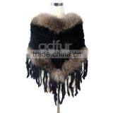 QD200121 Excellent Quality Women Wear Knit Winter Rabbit Fur Ponchos Sale With Raccoon Dog Fur Trim Long Fringes thumbnail-1
