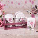 Flower Decal Napkin Holder With Salt Pepper Shakers With Pink Wooden Stand
