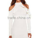 Women Frill Cold Shoulder Long Sleeve Mini Short Bodycon Club Dress White thumbnail-1