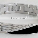 Stainless Steel Bracelet - ID Style bracelet with resin wedge, lined in 1mm gems, with grooved wedge on ID section