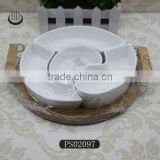 ceramic dessert plate with wood tray
