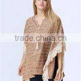 New Arrival Ladies Fashion Design Elegant Winter/Autumn Tan Colour Dolman/ Cape/Shawl Coat With Fringing and Beading for Women thumbnail-2
