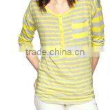 WOMEN'S STRIPED LONG SLEEVED T SHIRT WITH PLACKET OPEN
