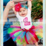 Baby Girl Infant NO.1 Appliqued Short Sleeved White Top Colorful Tutu Dress For 1st Birthday Photo thumbnail-1