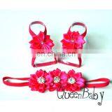 Baby Barefoot Sandals Satin Flower With Thin Elastic Matching Headband thumbnail-2
