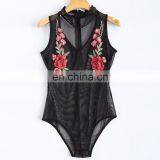 Women Sexy&club Bodysuit Black Net Mesh Hollow Out Embroidered Rose Patchwork Sleeveless Blouse thumbnail-4