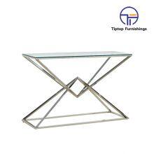 Sliver Metal Base Glass Top Console Table Wholesale Living Room Elegant Stainless Steel Console Table thumbnail-2