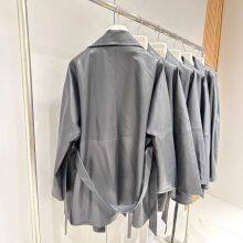 Suit Collar Belt Loose Sheepskin Windbreaker Spring and Autumn Genuine Leather Leather Jacket for Women Wide Version Mid-length Jacket thumbnail-3